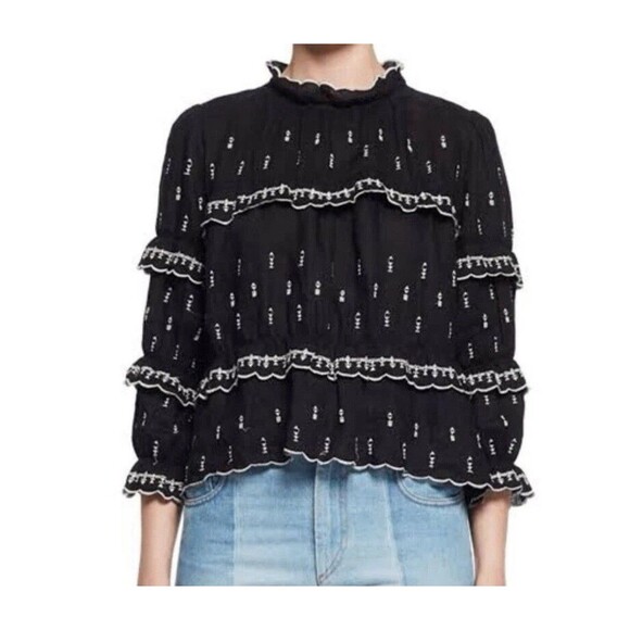Étoile Isabel Marant Ruffle Blouse Linen Size 40 US 8 Daniela Black Embroidered - Picture 1 of 16